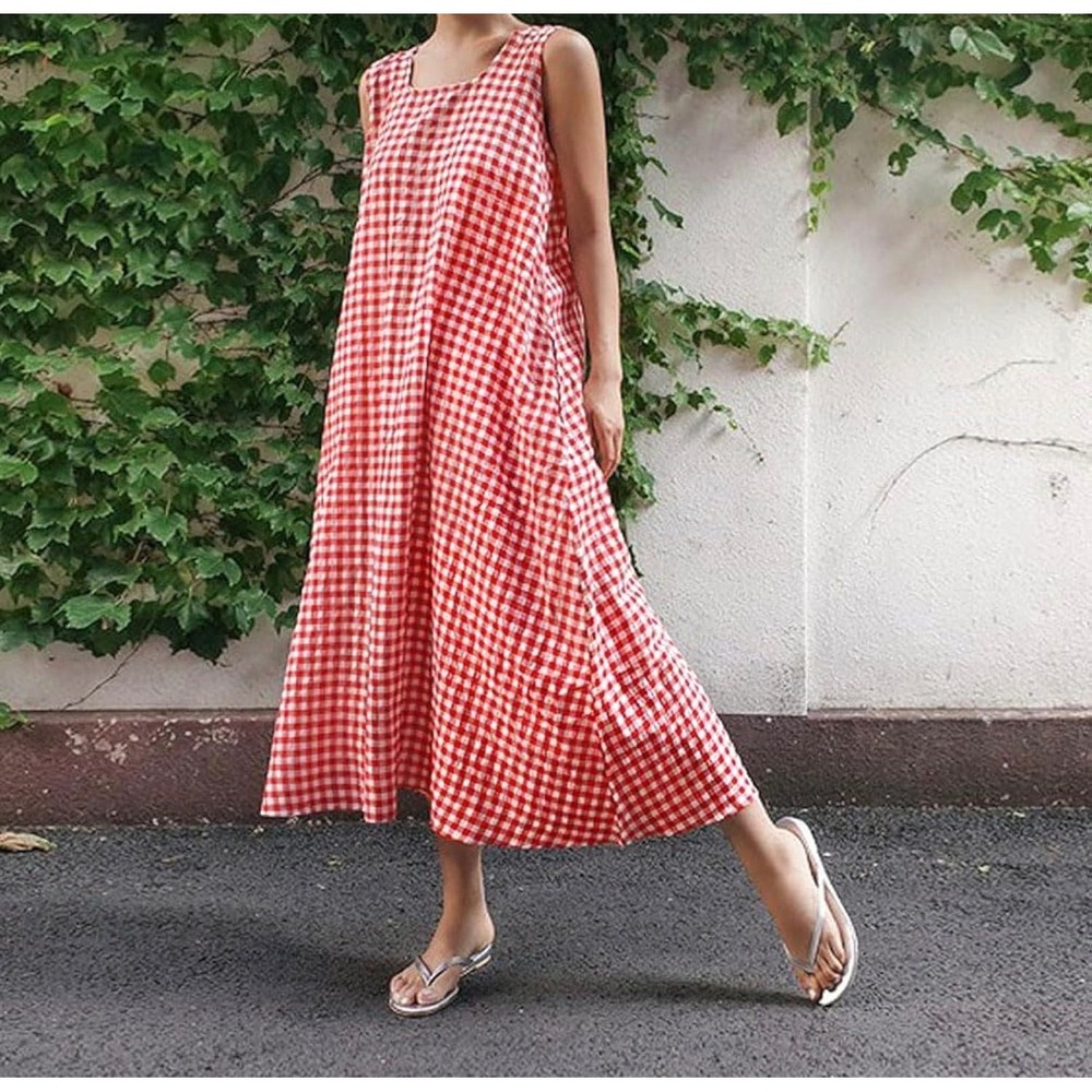 chouyatou Women's Plaid Maxi Tank Dress with Pockets Red Plaid – Size Small NWT - Picture 1 of 6